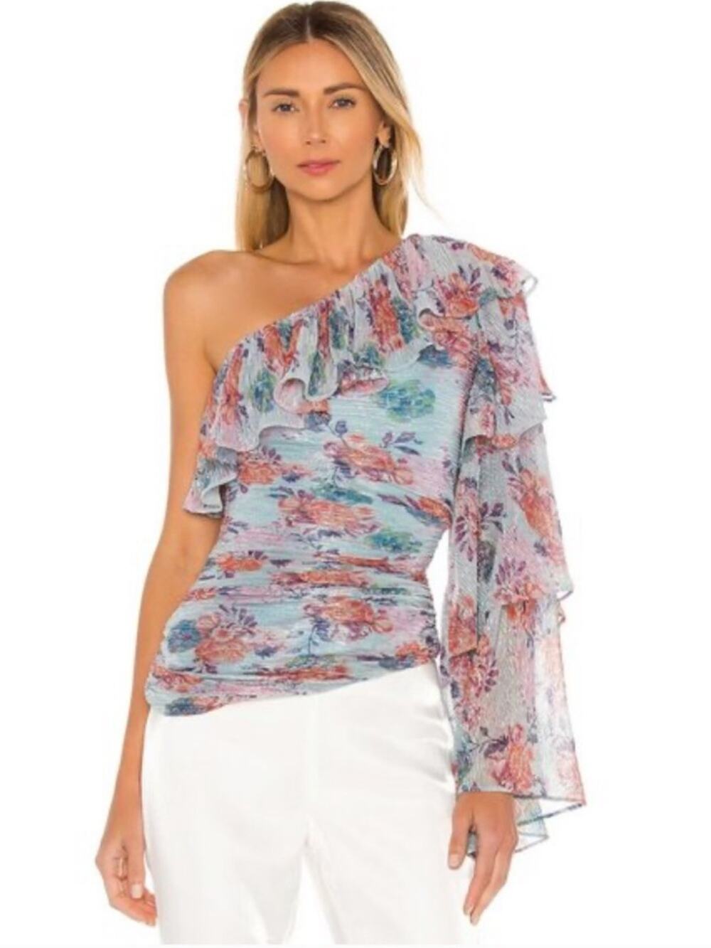 Revolve NBD One-Shoulder Floral Metallic Ruched Ruffle Top in Blue and Pink XS